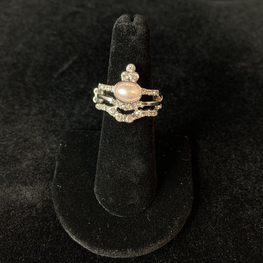Faux Peal and Diamond Crown Silver Tone Ring
